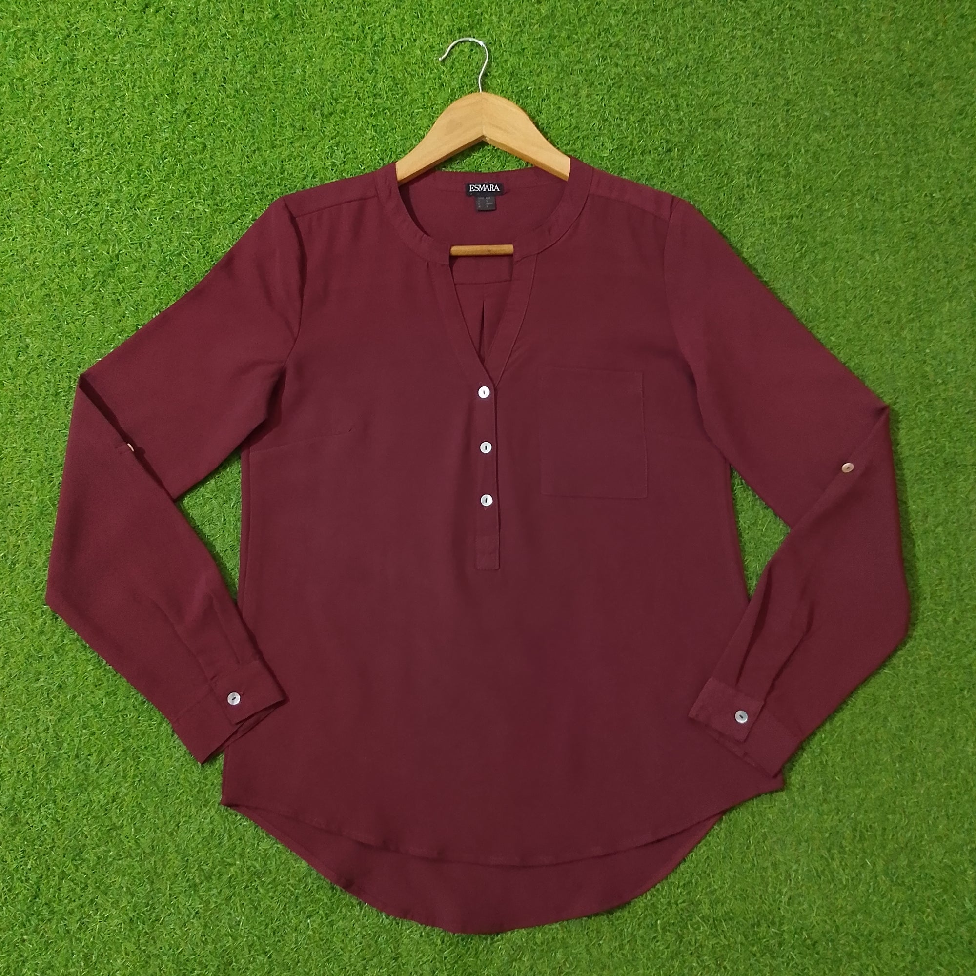 Wine V-Neck Half Placket Full Sleeve Curved Hem Top