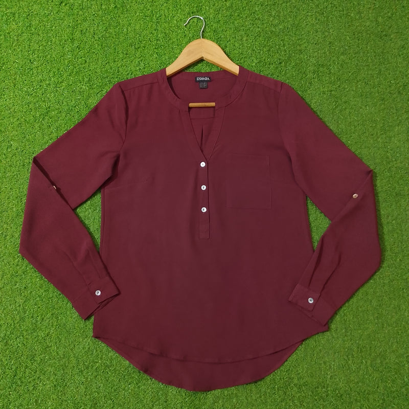 Wine V-Neck Half Placket Full Sleeve Curved Hem Top