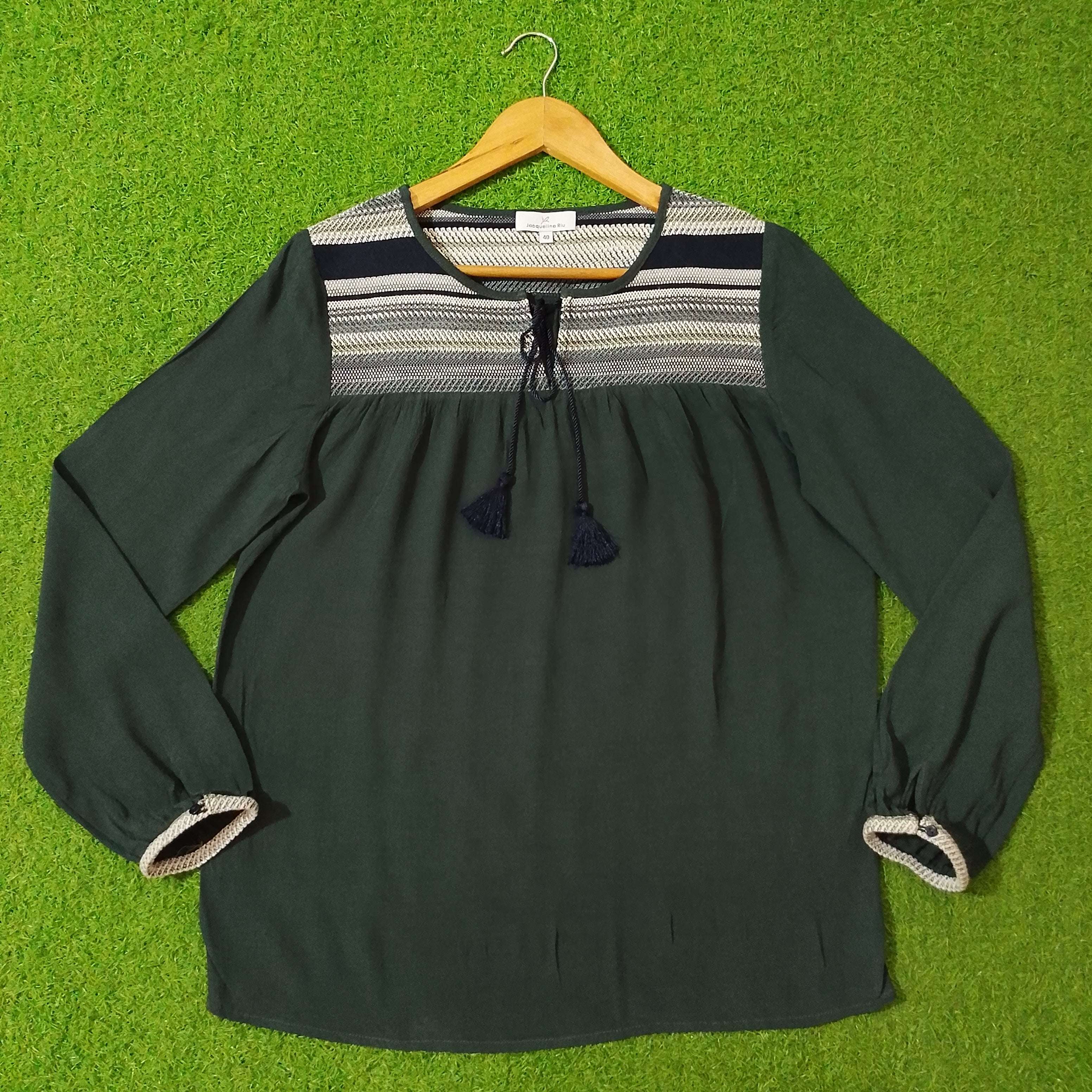 Dark Green Woven Yoke Tassel Tie Gathered Full Sleeve Top western preloved