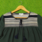 Dark Green Woven Yoke Tassel Tie Gathered Full Sleeve Top