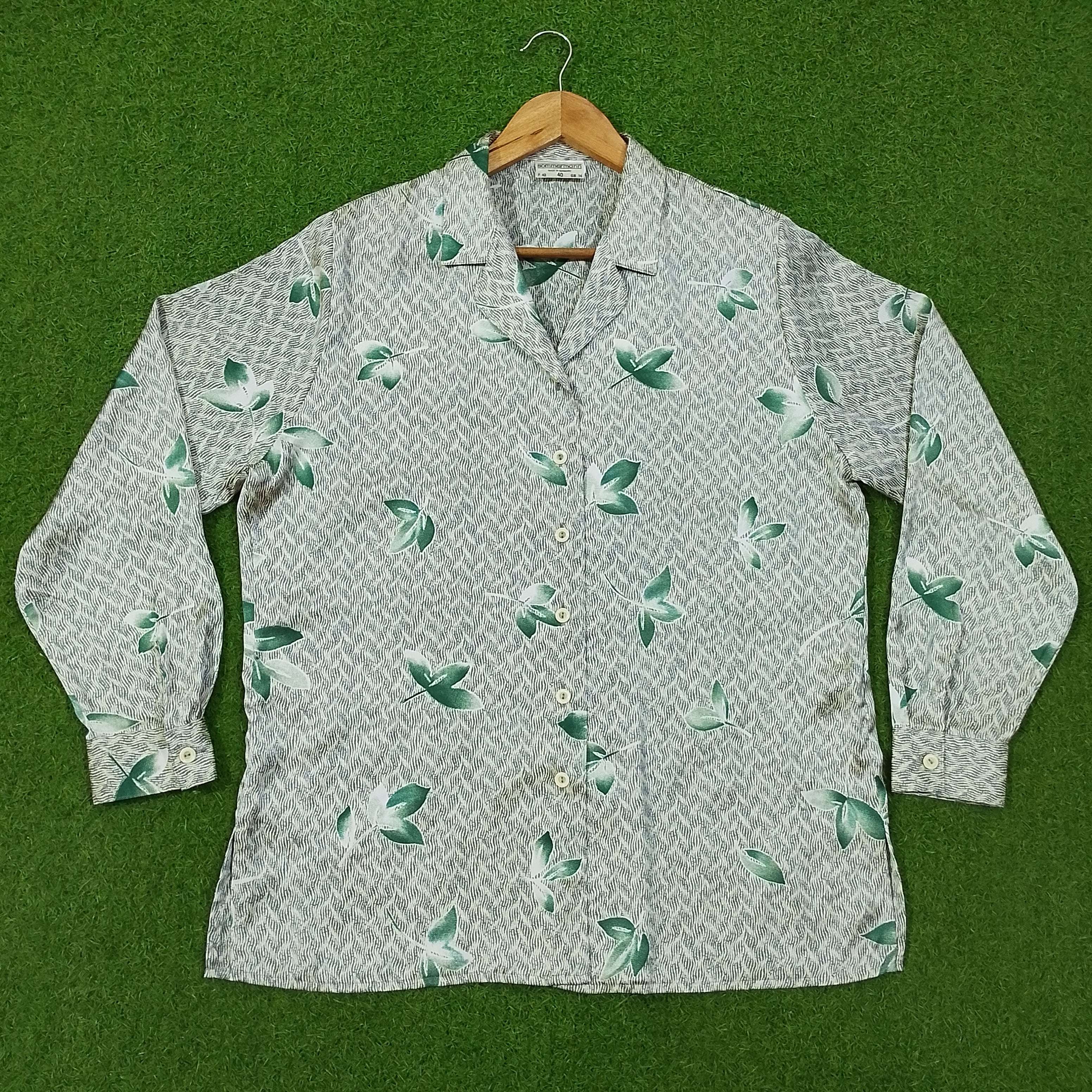 White Green Leaf Print Open Collar Full Sleeve Shirt western preloved