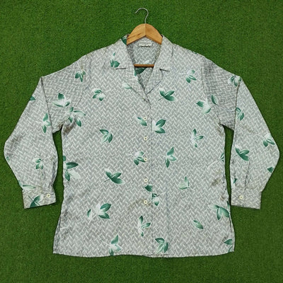 White Green Leaf Print Open Collar Full Sleeve Shirt western preloved