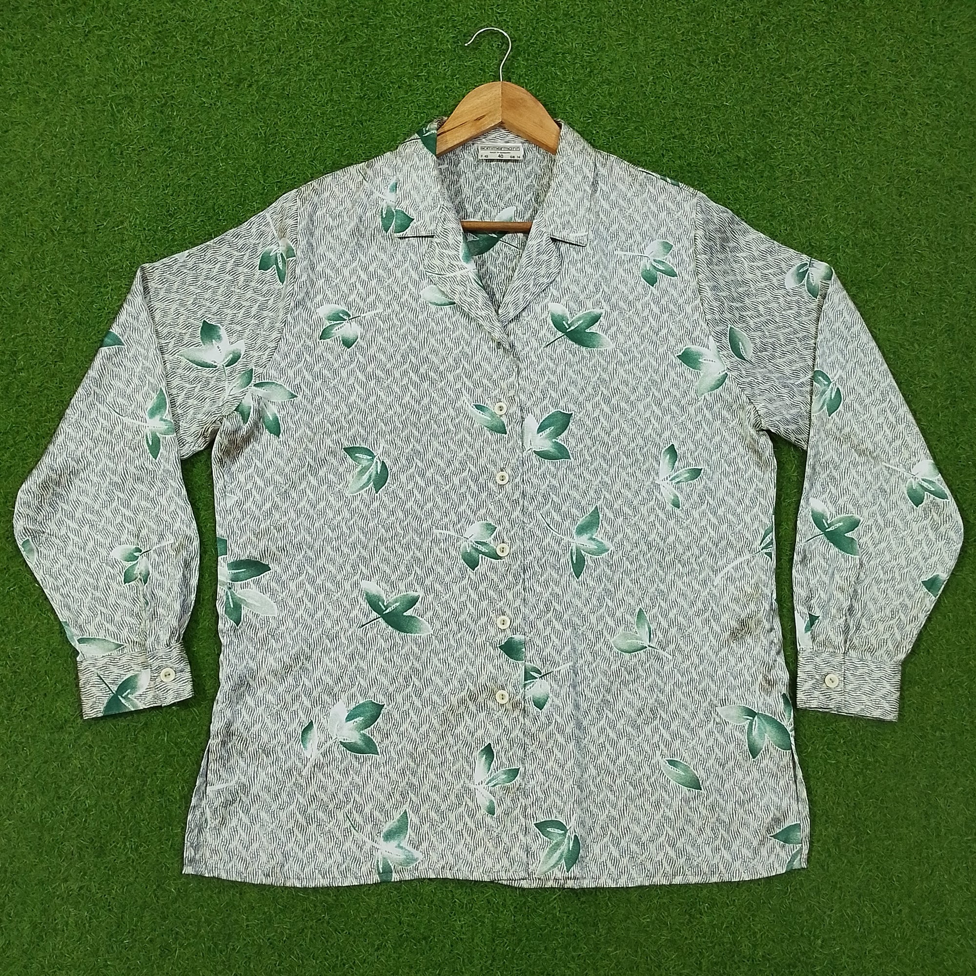 White Green Leaf Print Open Collar Full Sleeve Shirt