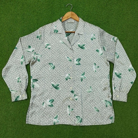 White Green Leaf Print Open Collar Full Sleeve Shirt western preloved