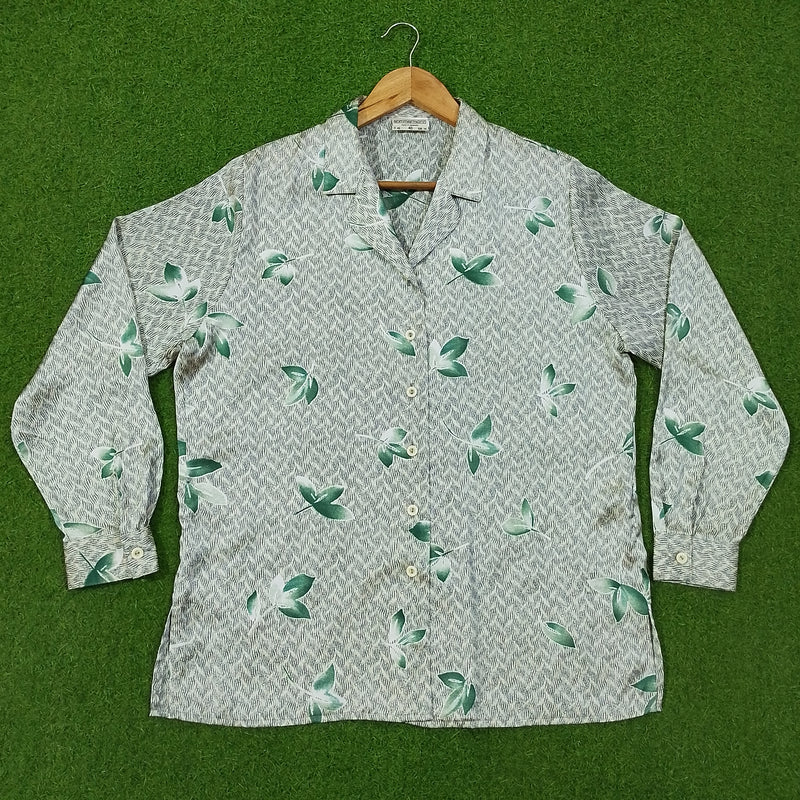 White Green Leaf Print Open Collar Full Sleeve Shirt