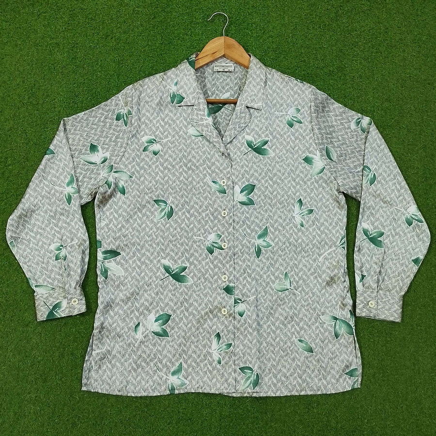 White Green Leaf Print Open Collar Full Sleeve Shirt western preloved
