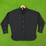 Black Tonal Stripe Texture Classic Collar Batwing Sleeve Shirt