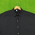 Black Tonal Stripe Texture Classic Collar Batwing Sleeve Shirt