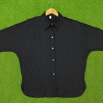 Black Tonal Stripe Texture Classic Collar Batwing Sleeve Shirt