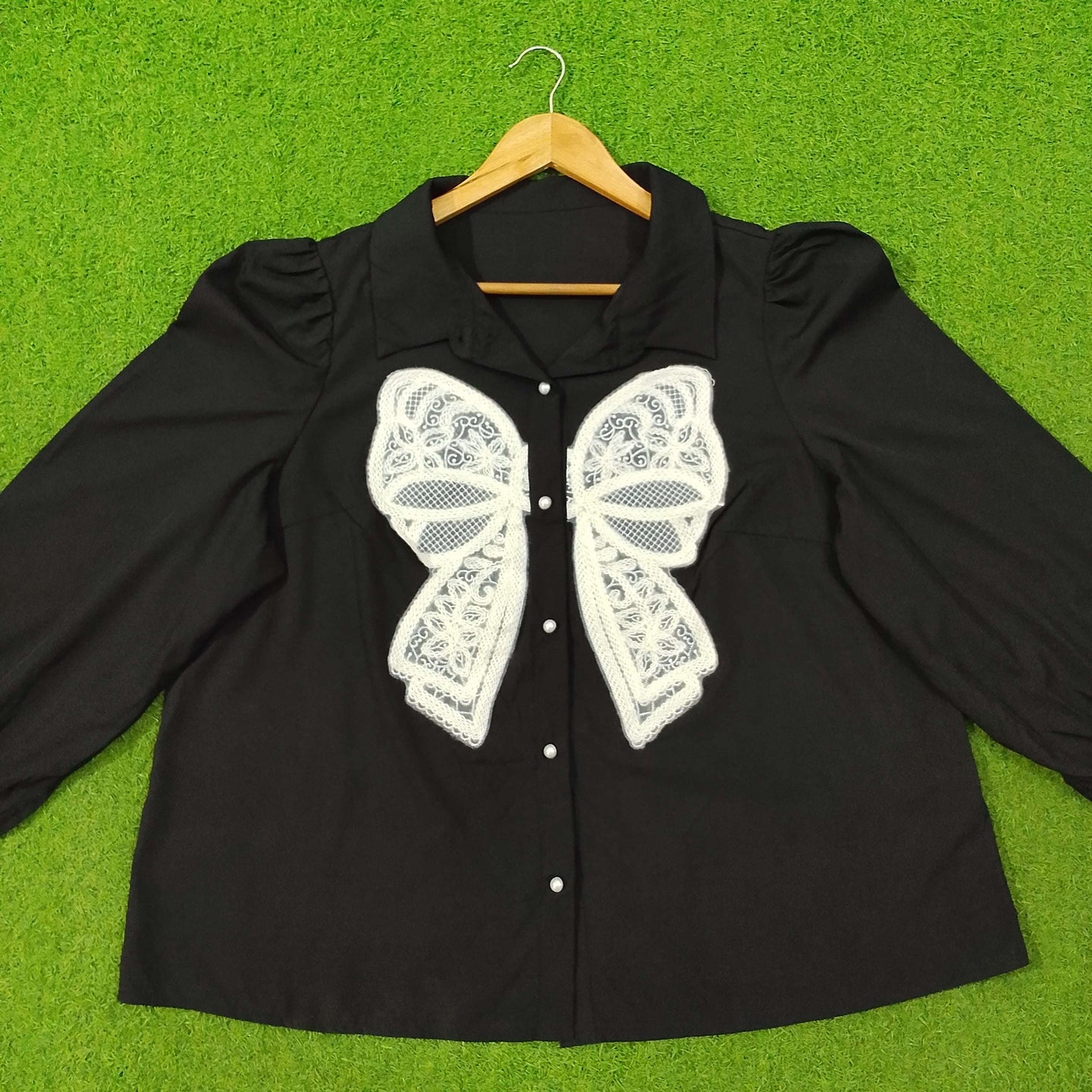Black Lace Bow Detail Puff Sleeve Pearl Button Shirt western preloved