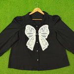 Black Lace Bow Detail Puff Sleeve Pearl Button Shirt