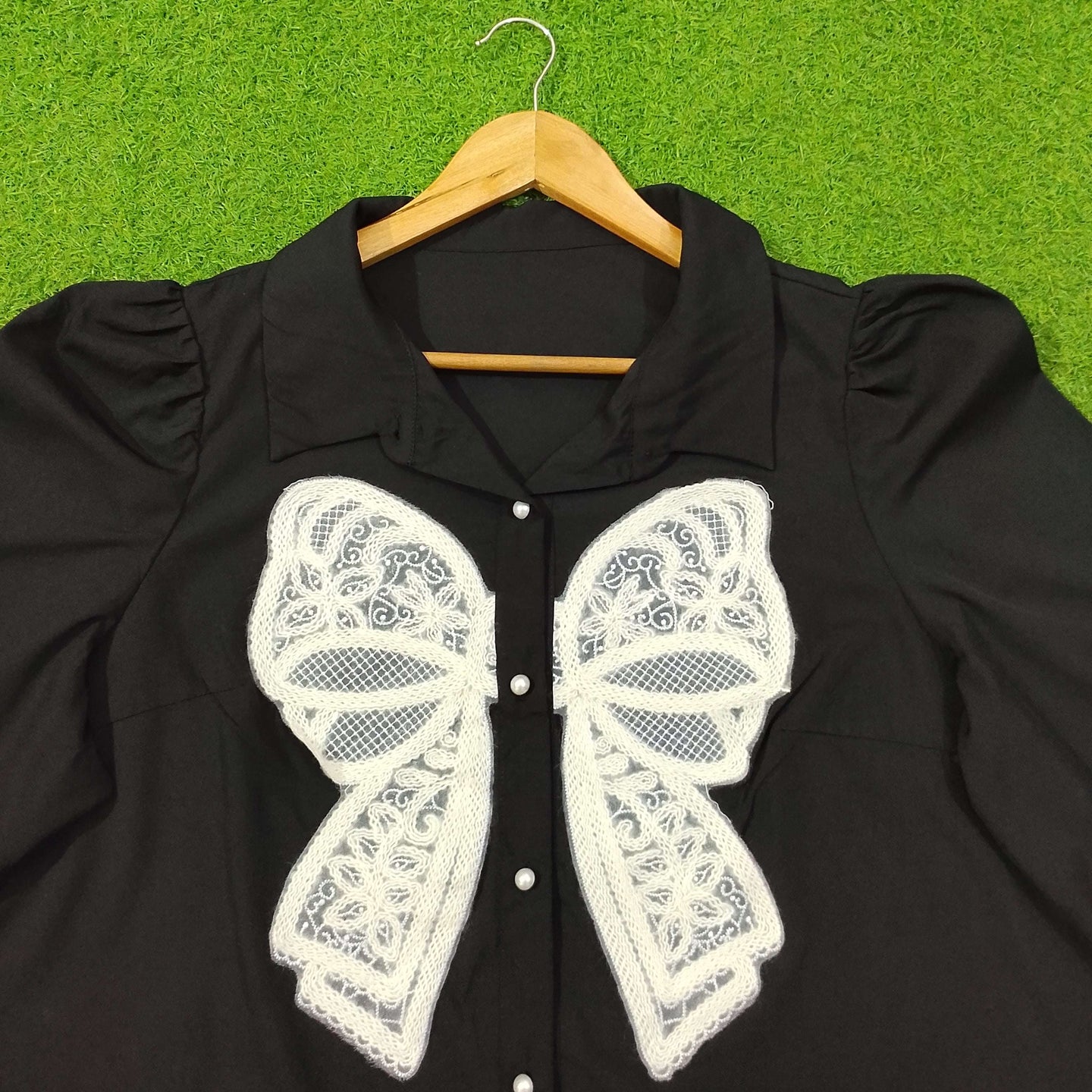 Black Lace Bow Detail Puff Sleeve Pearl Button Shirt western preloved