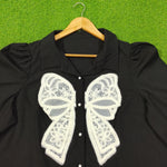 Black Lace Bow Detail Puff Sleeve Pearl Button Shirt