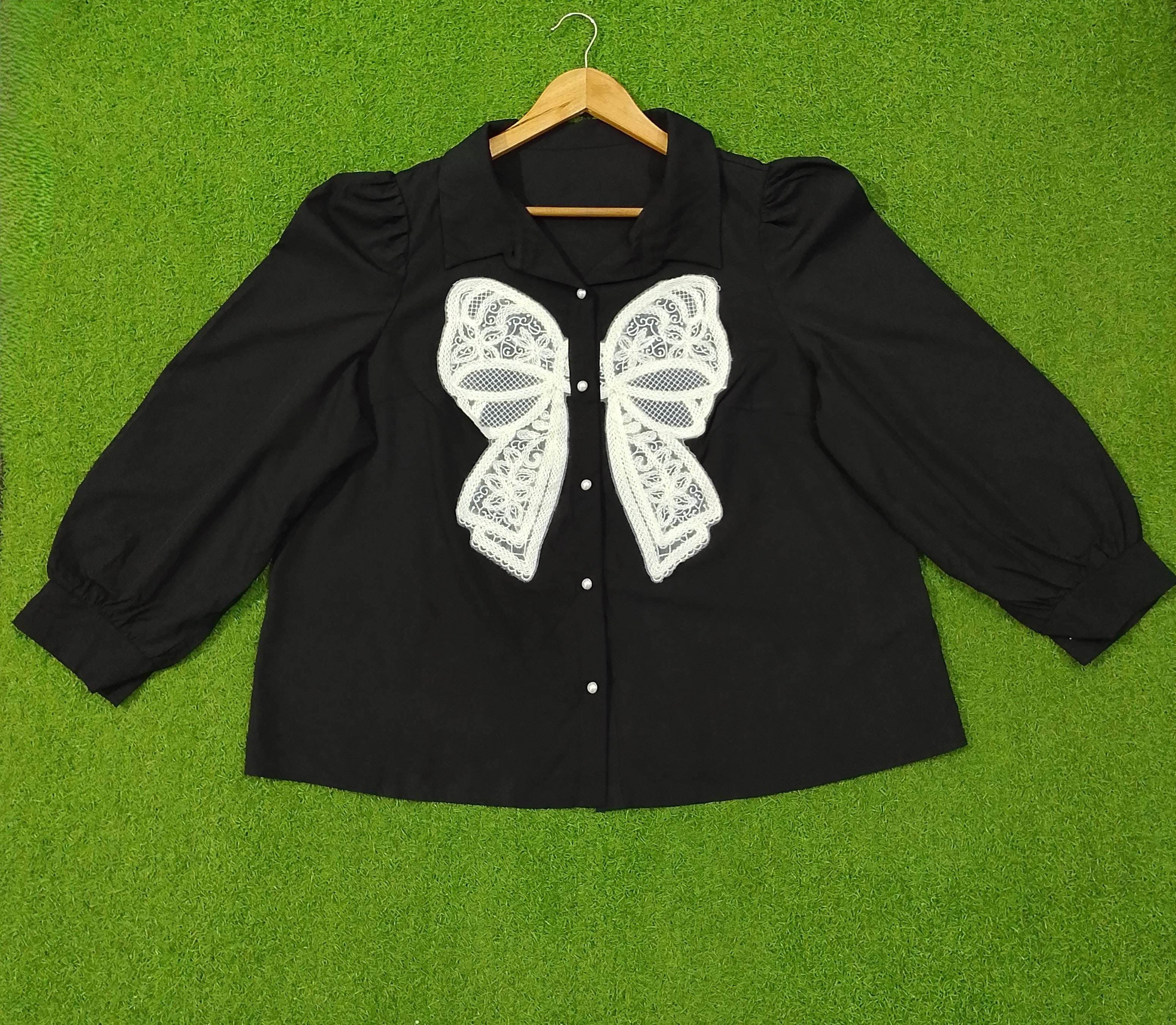Black Lace Bow Detail Puff Sleeve Pearl Button Shirt western preloved