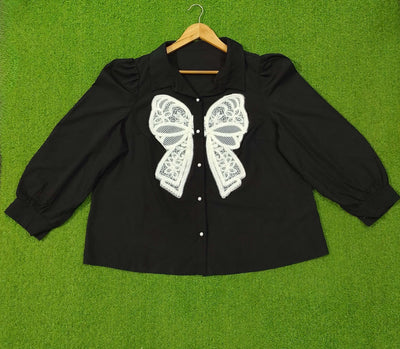 Black Lace Bow Detail Puff Sleeve Pearl Button Shirt western preloved