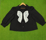 Black Lace Bow Detail Puff Sleeve Pearl Button Shirt