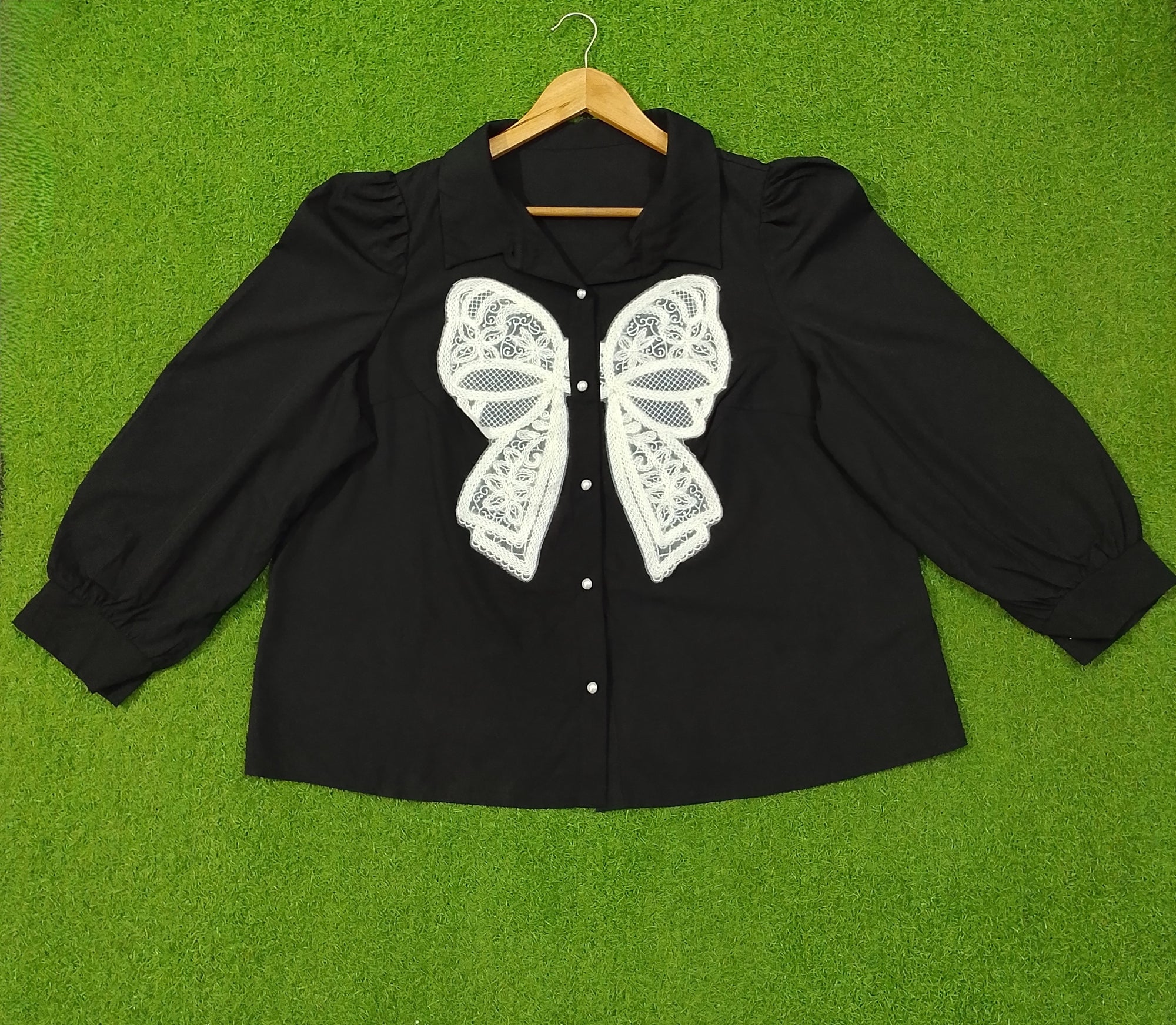 Black Lace Bow Detail Puff Sleeve Pearl Button Shirt
