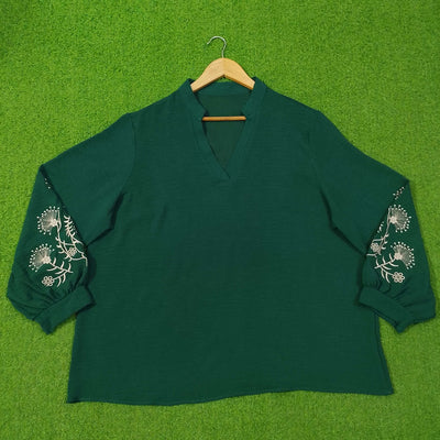 Dark Green Embroidered Puff Sleeve V-Neck Top western preloved - alternate view