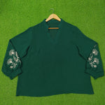 Dark Green Embroidered Puff Sleeve V-Neck Top