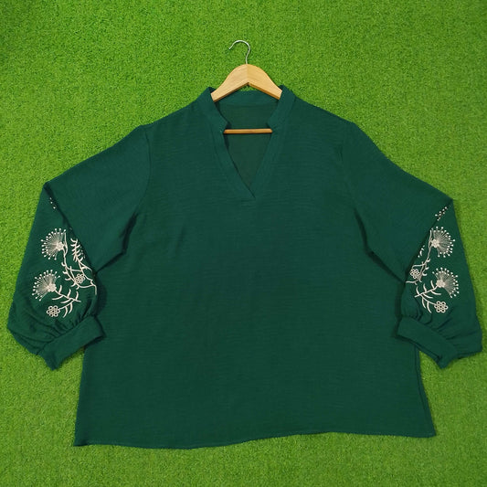 Dark Green Embroidered Puff Sleeve V-Neck Top western preloved - alternate view