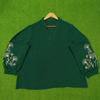 Dark Green Embroidered Puff Sleeve V-Neck Top western preloved