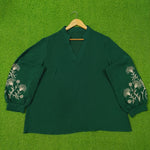 Dark Green Embroidered Puff Sleeve V-Neck Top