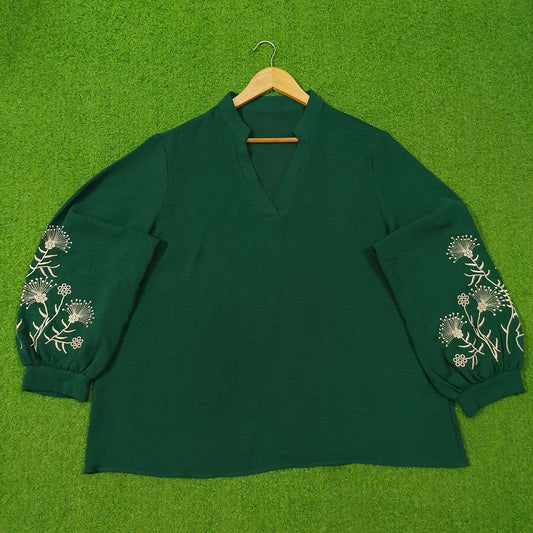 Dark Green Embroidered Puff Sleeve V-Neck Top western preloved