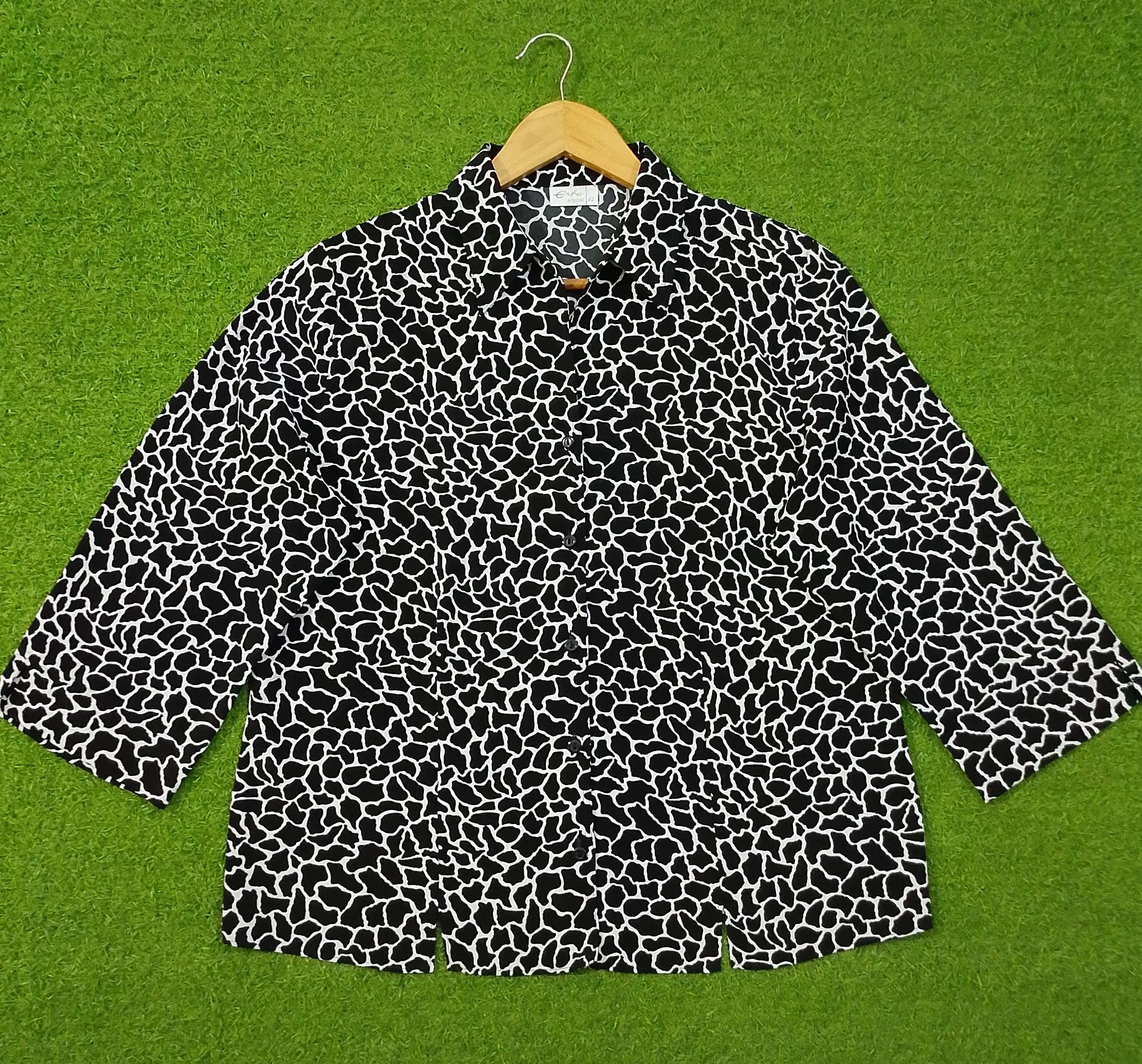 Black White Animal Print Open Collar 3/4 Sleeve Shirt western preloved
