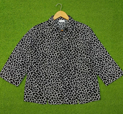 Black White Animal Print Open Collar 3/4 Sleeve Shirt western preloved