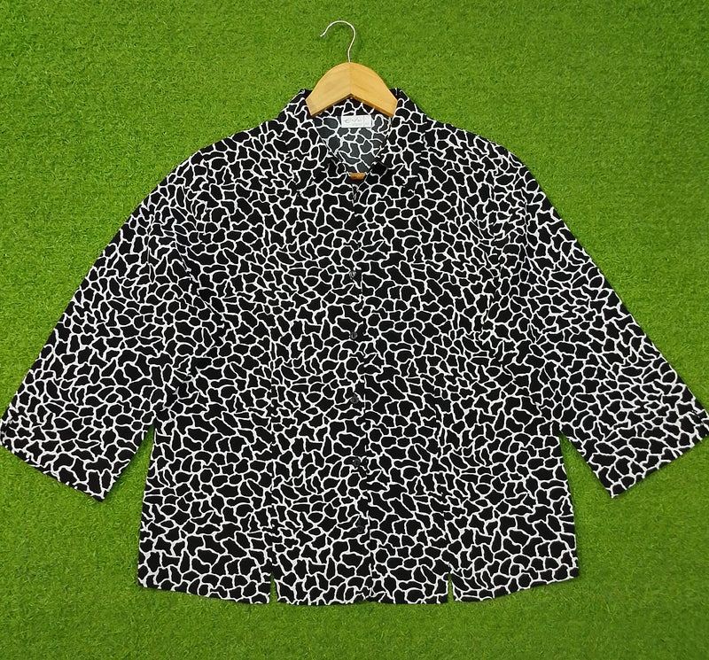 Black White Animal Print Open Collar 3/4 Sleeve Shirt