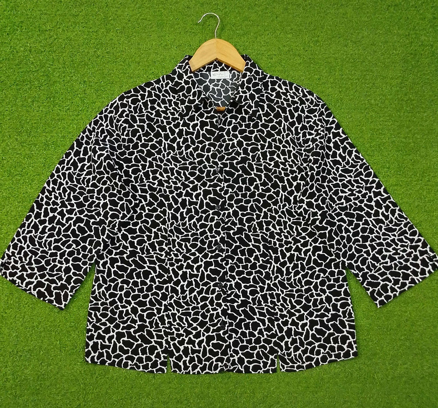 Black White Animal Print Open Collar 3/4 Sleeve Shirt western preloved