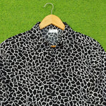 Black White Animal Print Open Collar 3/4 Sleeve Shirt