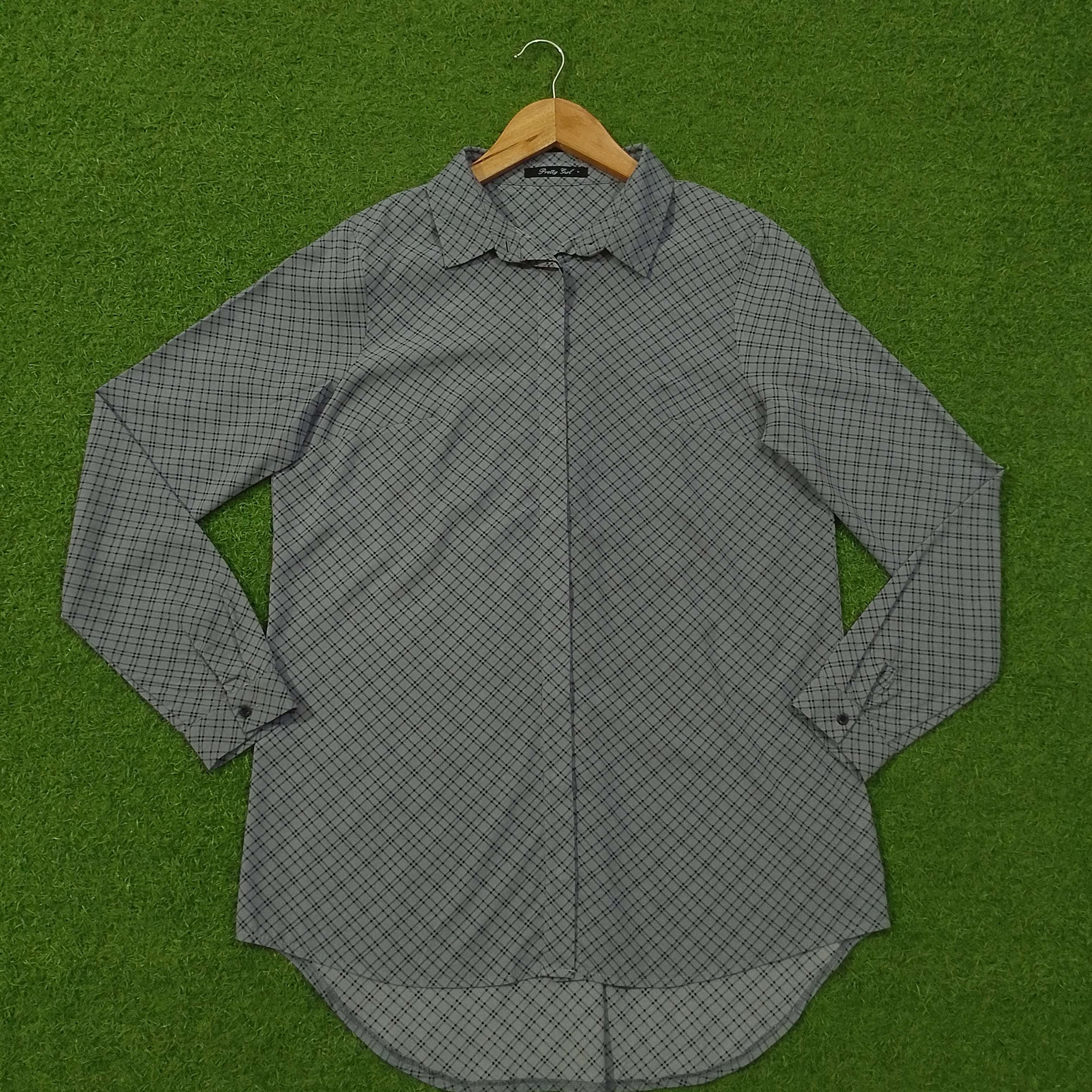 Grey Check Print Concealed Placket Classic Collar Full Sleeve Shirt western preloved
