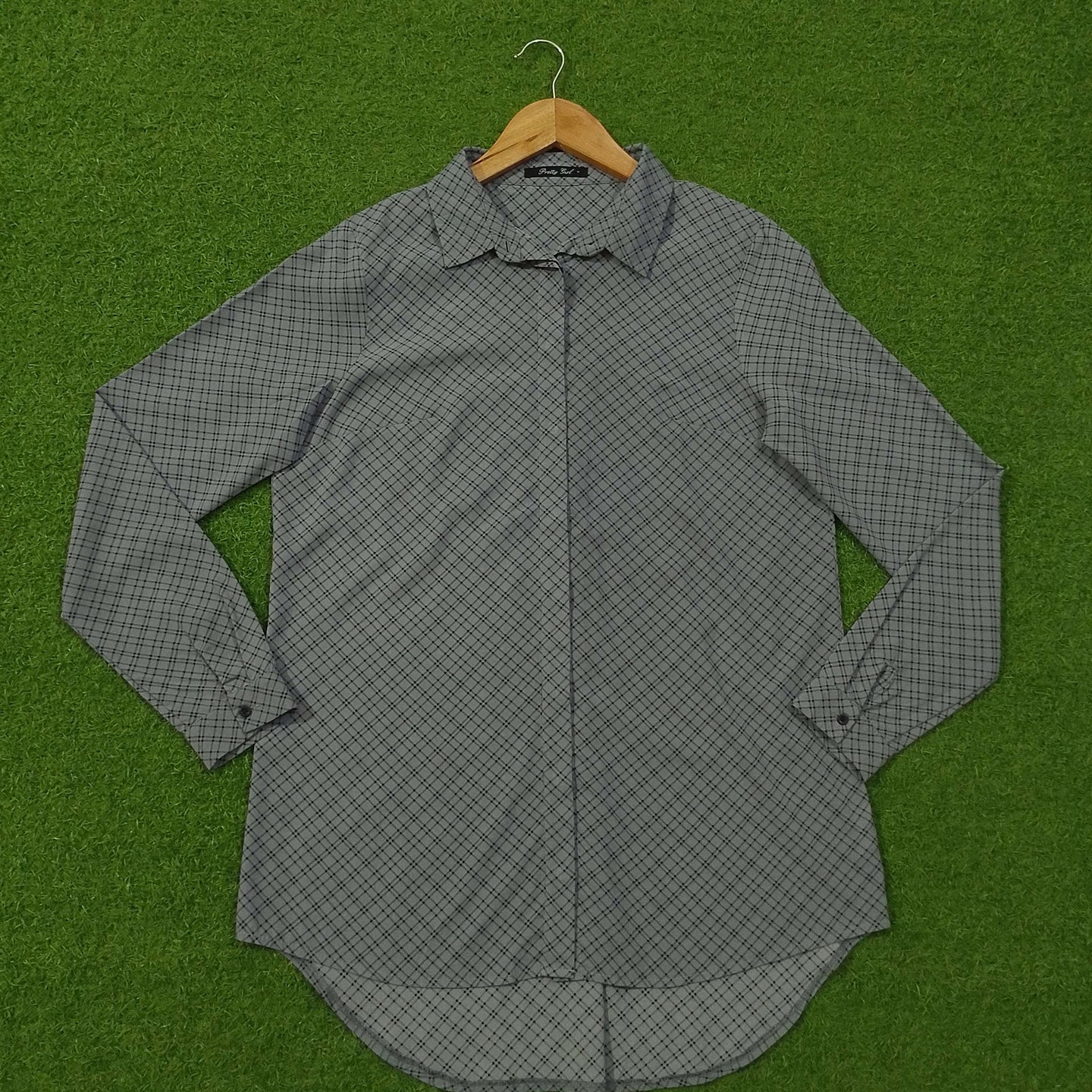 Grey Check Print Concealed Placket Classic Collar Full Sleeve Shirt western preloved