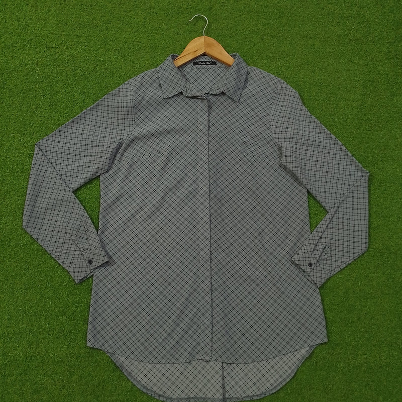 Grey Check Print Concealed Placket Classic Collar Full Sleeve Shirt