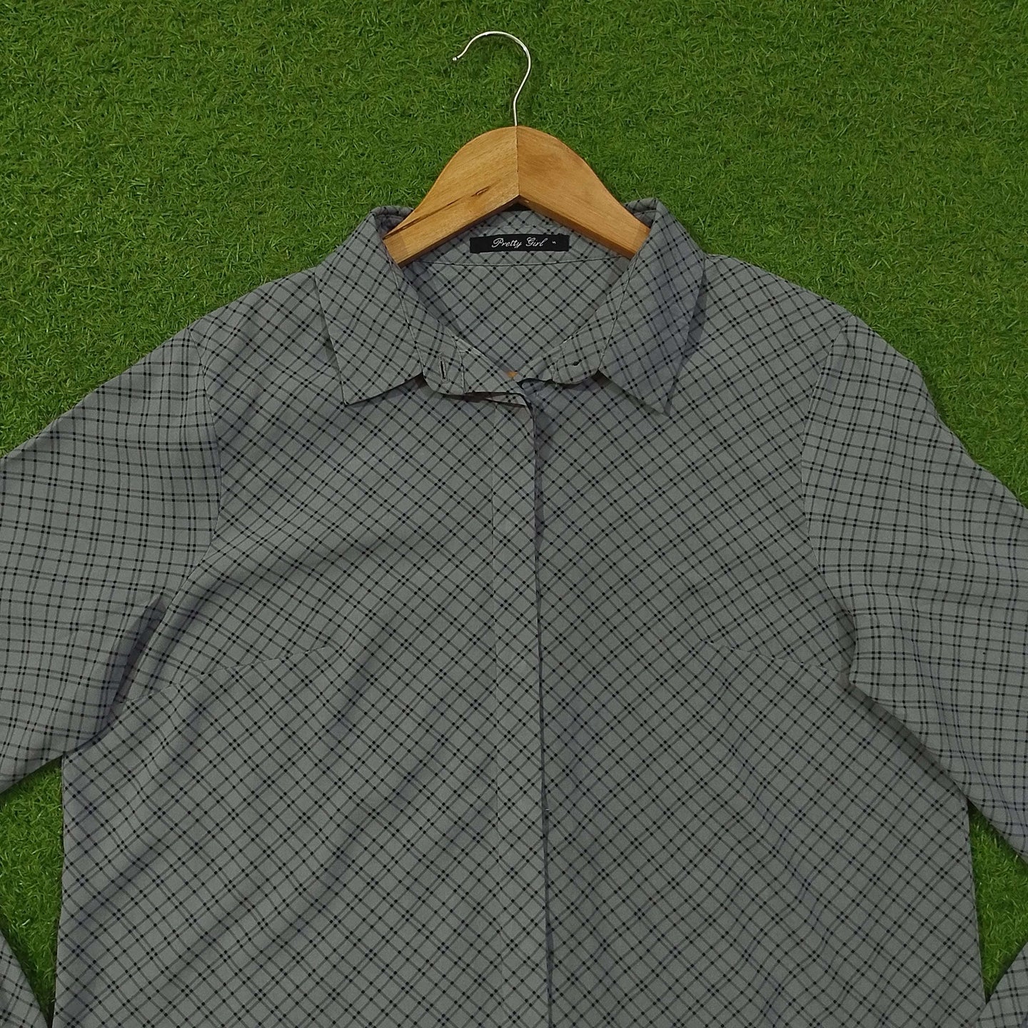 Grey Check Print Concealed Placket Classic Collar Full Sleeve Shirt western preloved