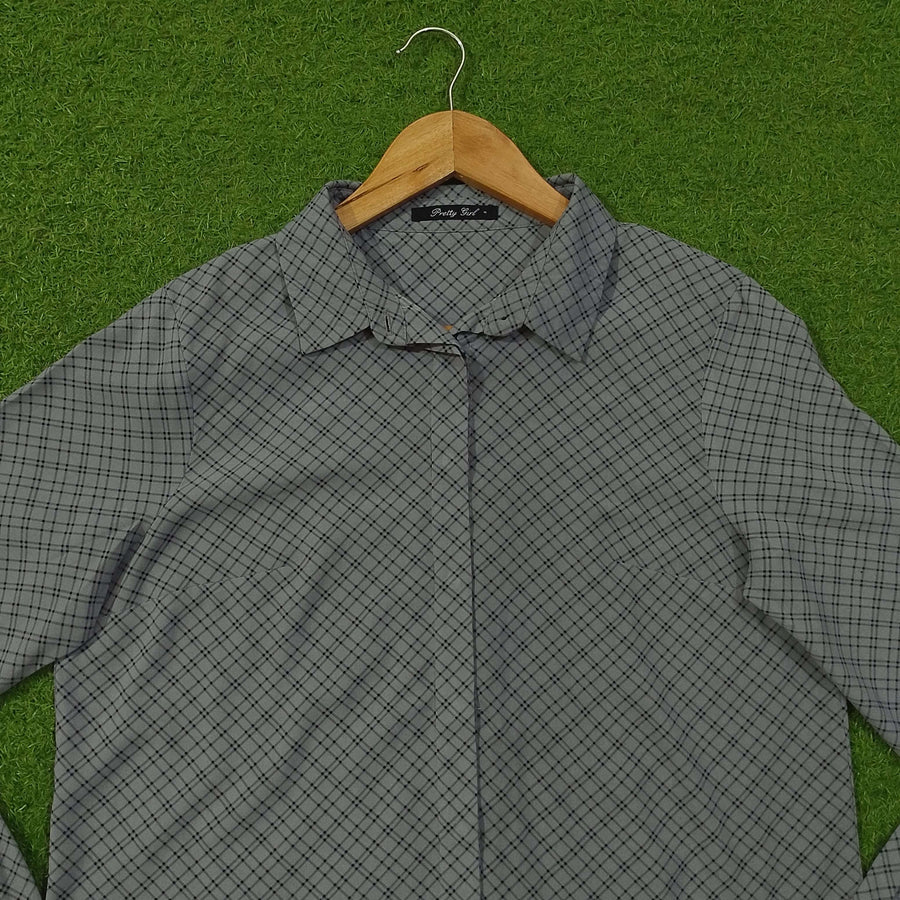 Grey Check Print Concealed Placket Classic Collar Full Sleeve Shirt western preloved - alternate view