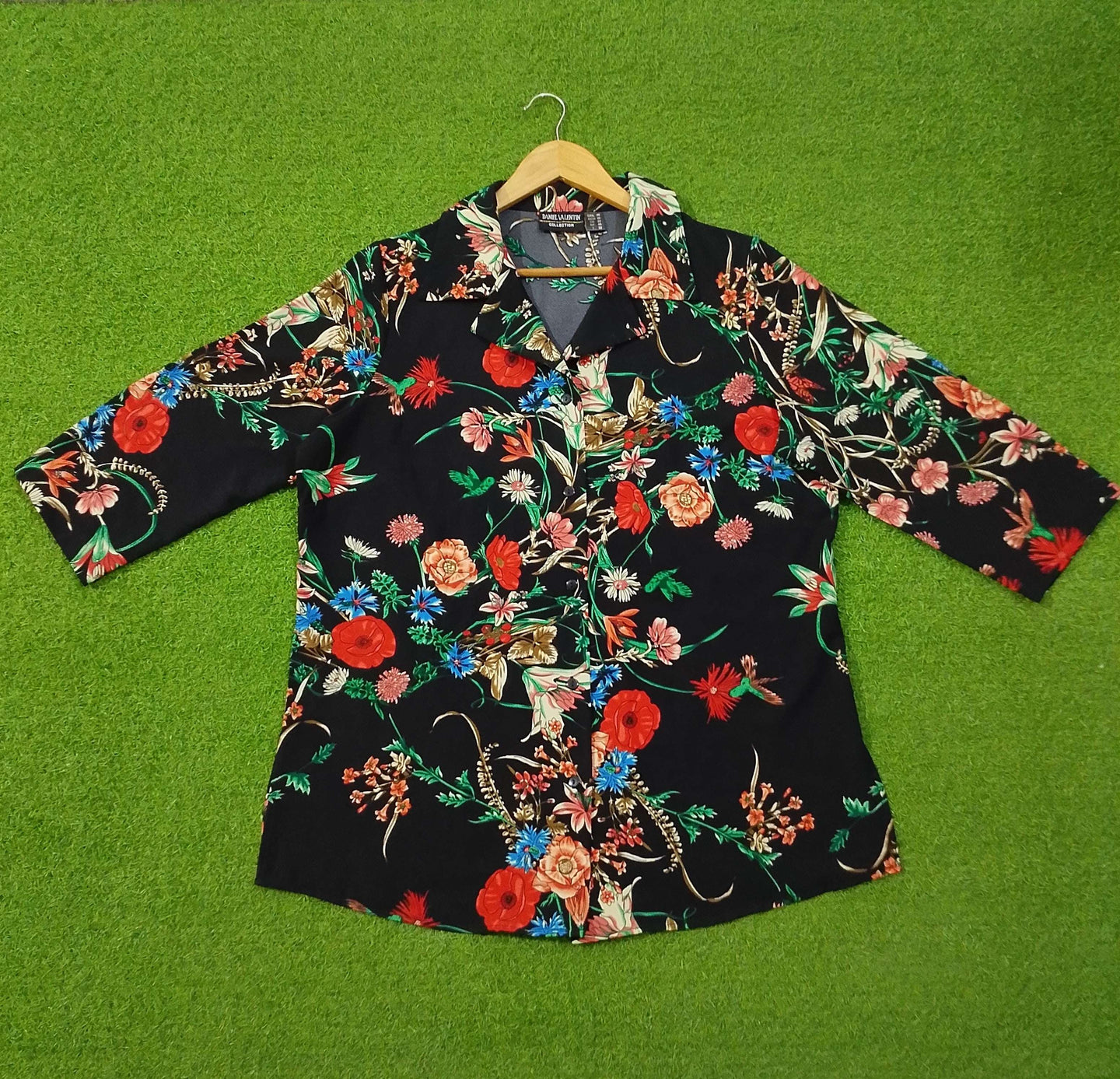 Black Floral Print Chiffon 3/4 Sleeve Shirt western preloved