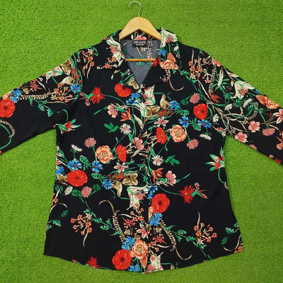 Black Floral Print Chiffon 3/4 Sleeve Shirt western preloved