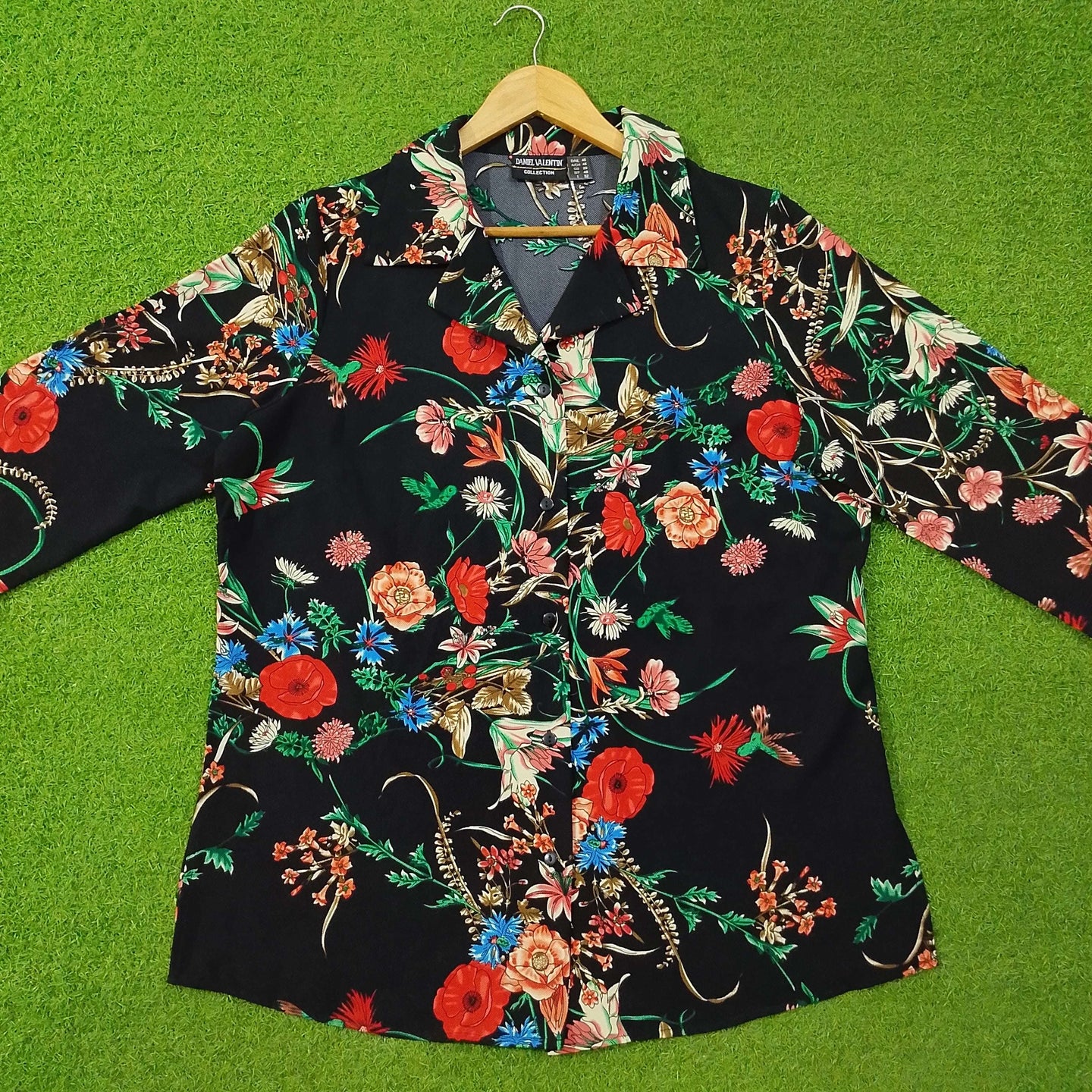 Black Floral Print Chiffon 3/4 Sleeve Shirt western preloved