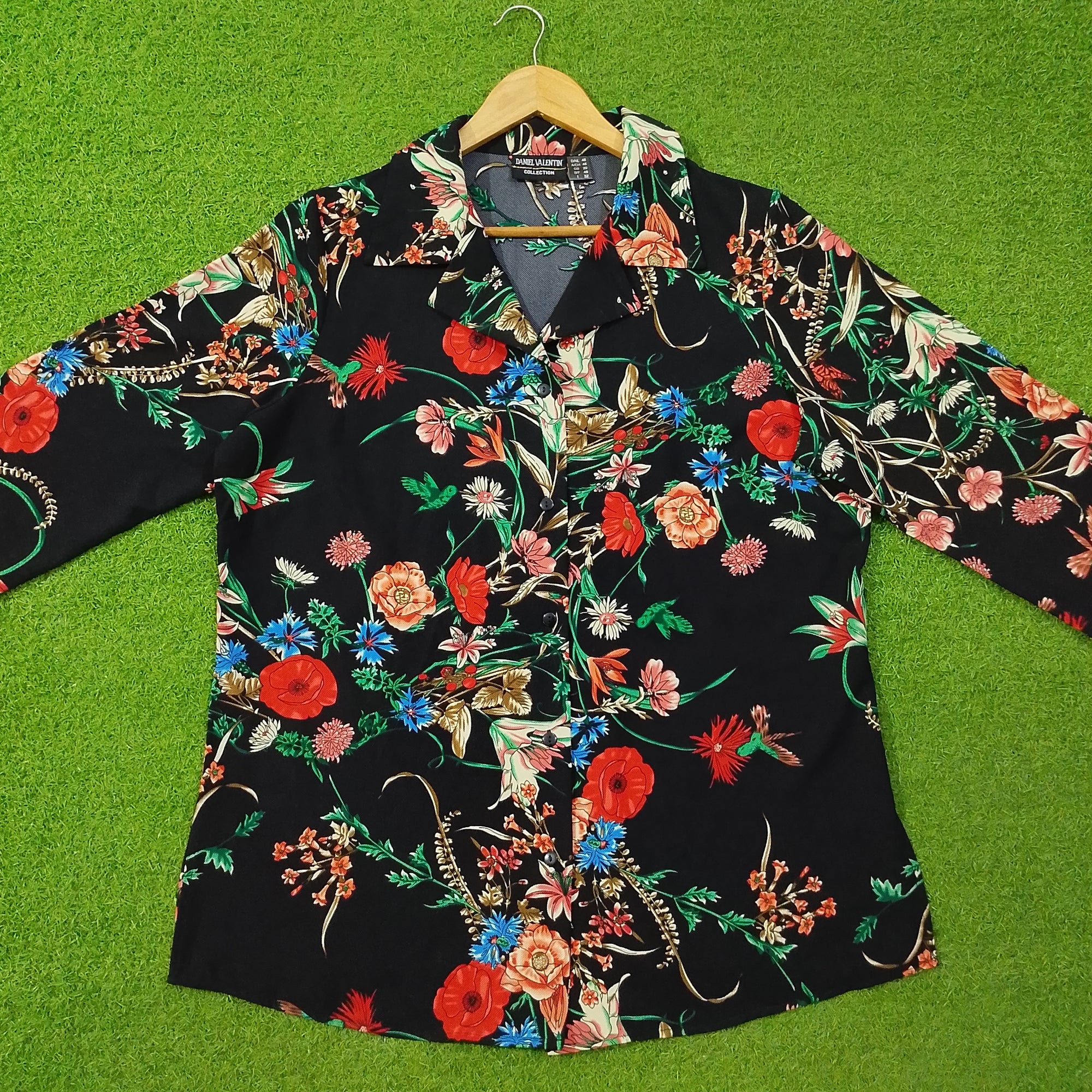 Black Floral Print Chiffon 3/4 Sleeve Shirt