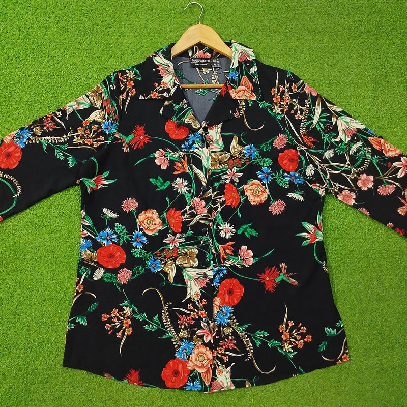 Black Floral Print Chiffon 3/4 Sleeve Shirt