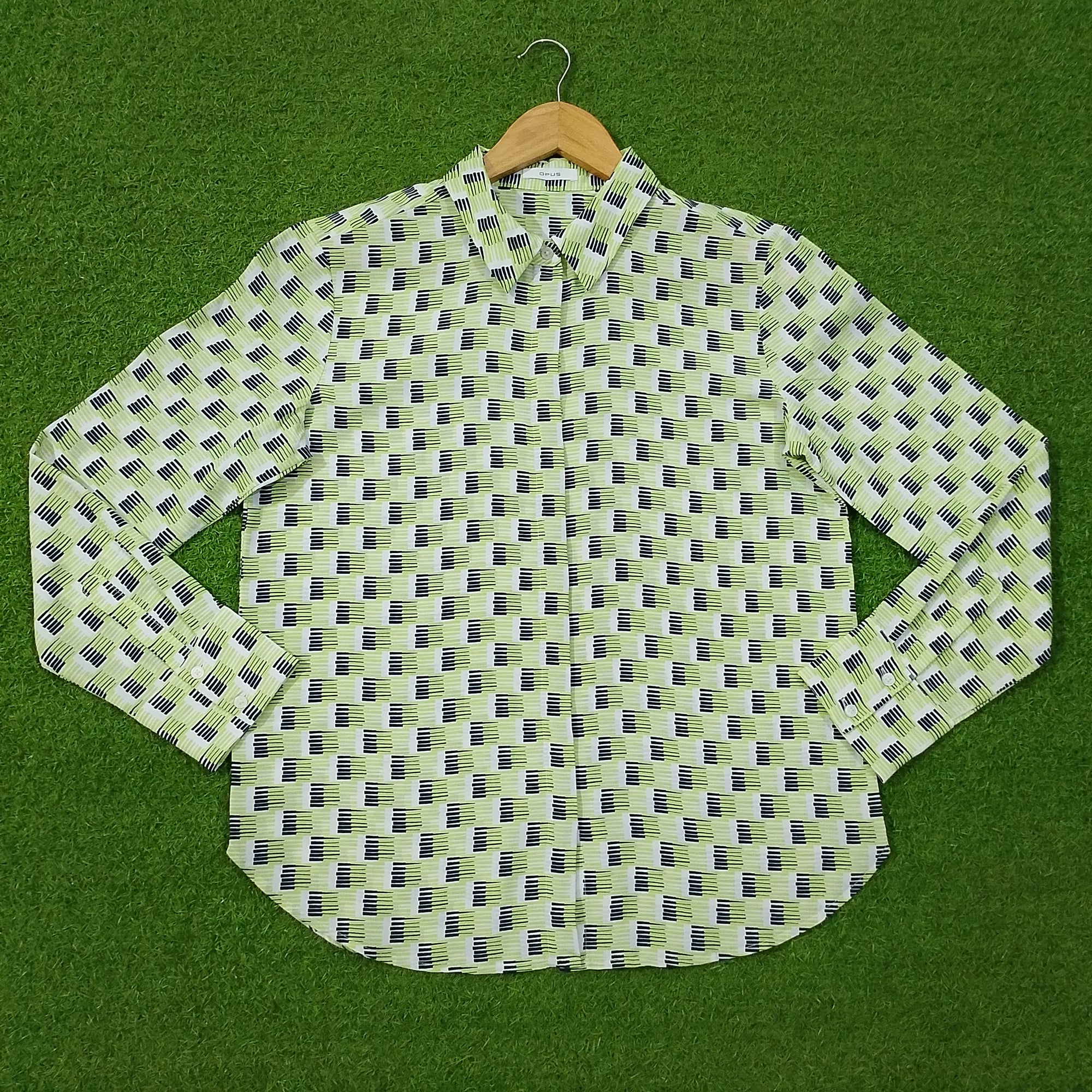 White Green Abstract Print Chiffon Full Sleeve Shirt