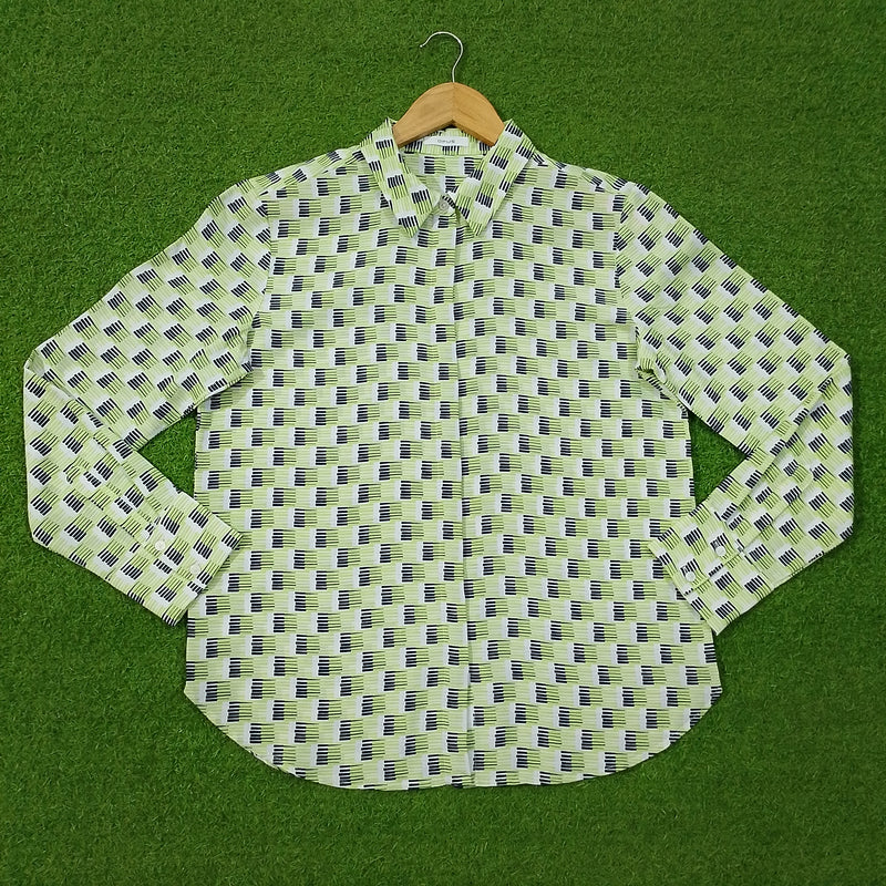 White Green Abstract Print Chiffon Full Sleeve Shirt