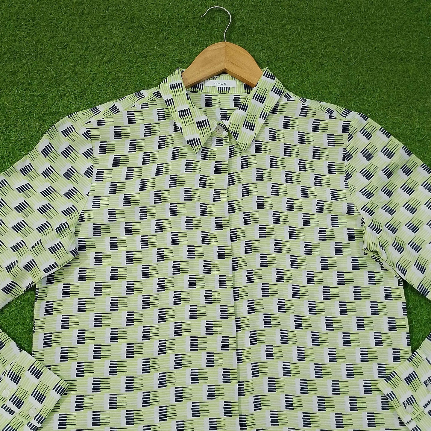 White Green Abstract Print Chiffon Full Sleeve Shirt western preloved
