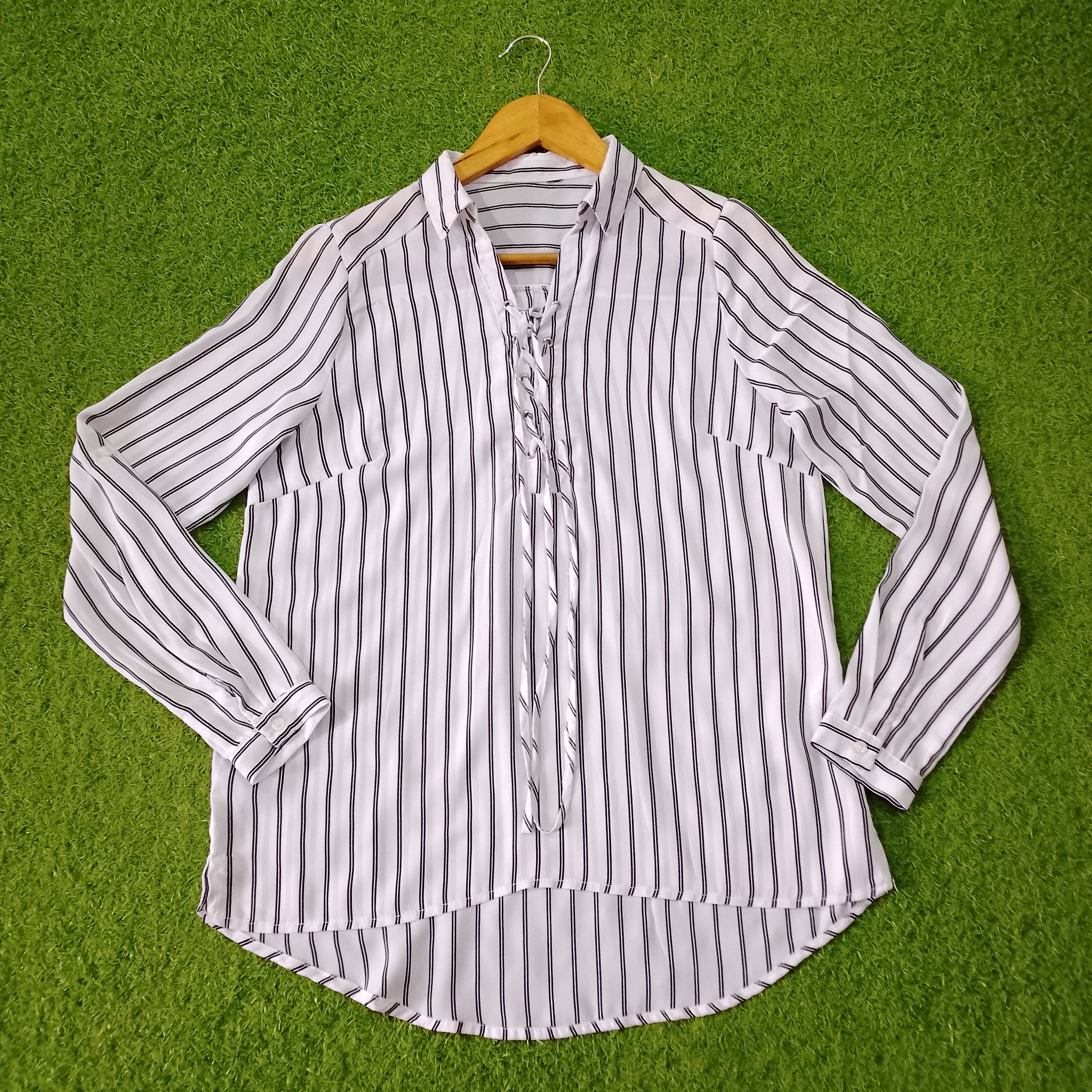 White Black Stripe Print Lace-Up Collar Full Sleeve Shirt