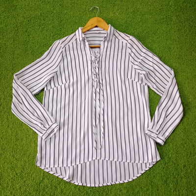 White Black Stripe Print Lace-Up Collar Full Sleeve Shirt