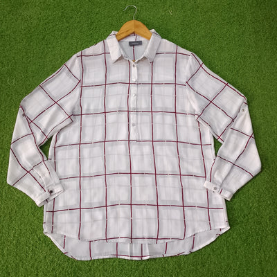 White Maroon Windowpane Check Print Half Button Full Sleeve Shirt