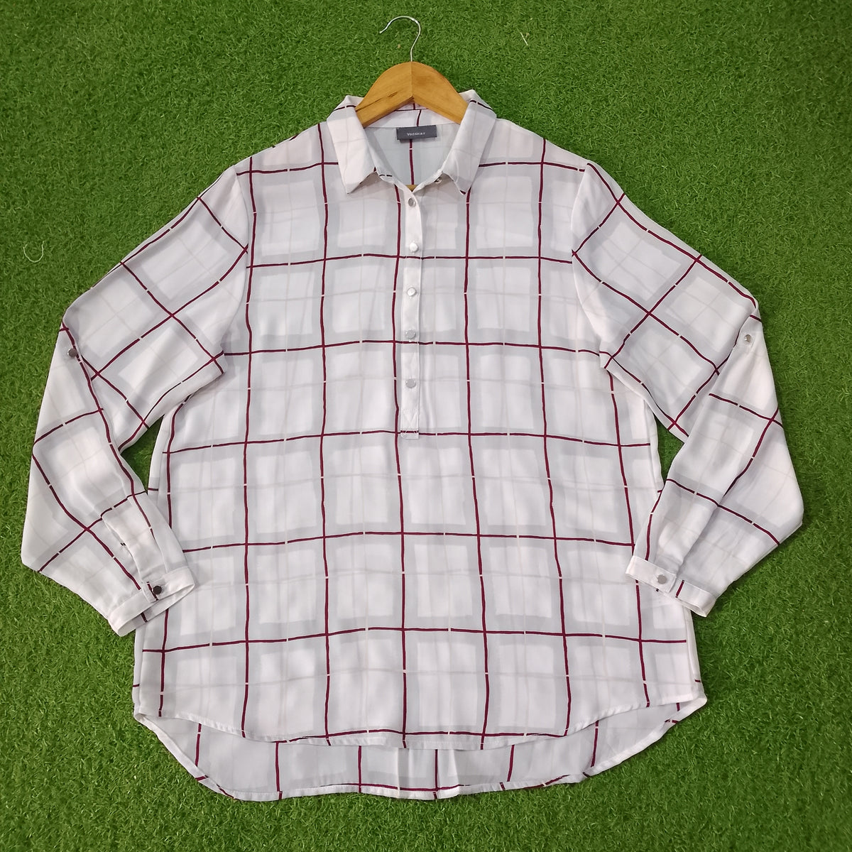 White Maroon Windowpane Check Print Half Button Full Sleeve Shirt