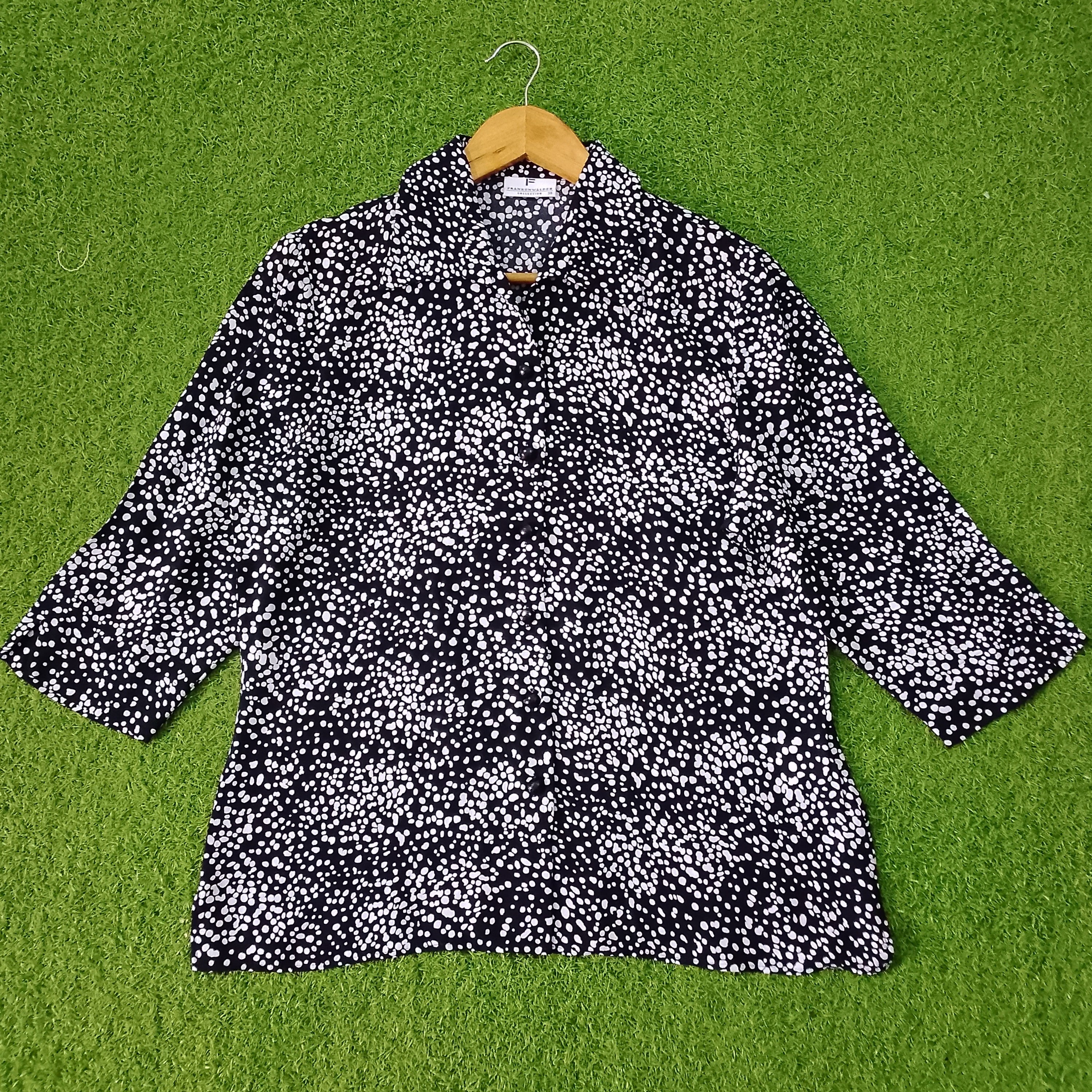 Black White Scattered Dot Print Classic Collar 3/4 Sleeve Shirt